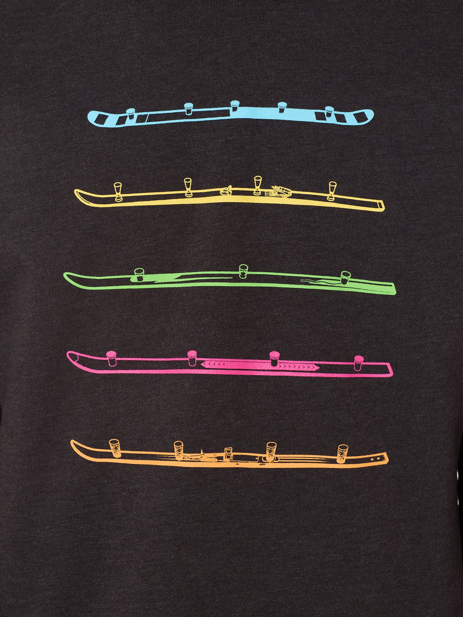Detail view of the black Shot Ski hoodie on a white background, featuring five multicolored shot skis illustrated in a line art style across the front.