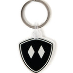 Front view of the Double Diamond Shield clear acrylic keychain, featuring a Black Double Diamond shield graphic. The transparent acrylic enhances the vividness of the design.