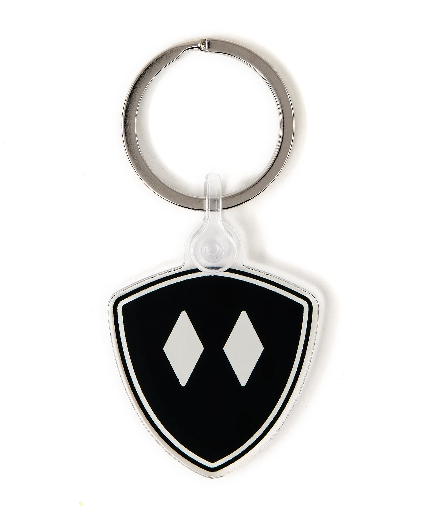 Front view of the Double Diamond Shield clear acrylic keychain, featuring a Black Double Diamond shield graphic. The transparent acrylic enhances the vividness of the design.