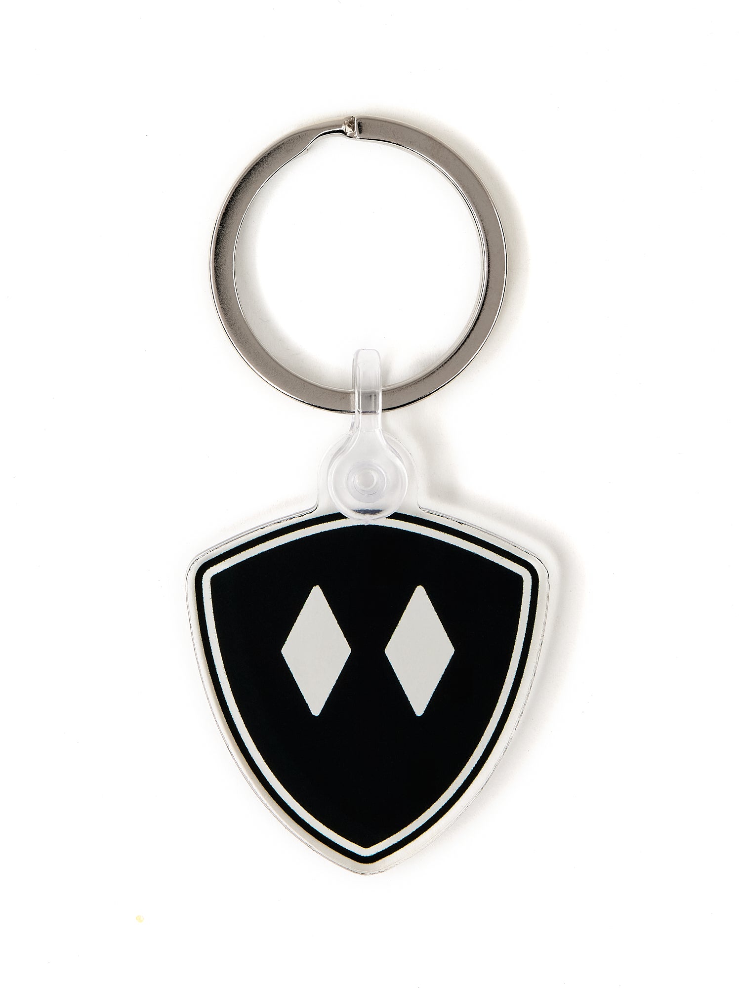 Front view of the Double Diamond Shield clear acrylic keychain, featuring a Black Double Diamond shield graphic. The transparent acrylic enhances the vividness of the design.