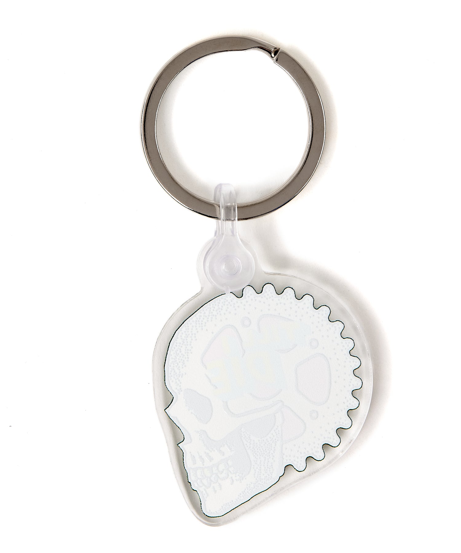 Back view of the Gear Head keychain on a white background, showing a solid white fill and a plastic clip fastener at the top.