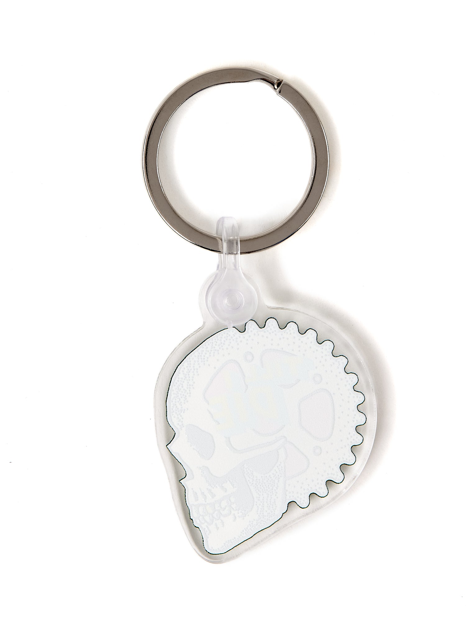 Back view of the Gear Head keychain on a white background, showing a solid white fill and a plastic clip fastener at the top.
