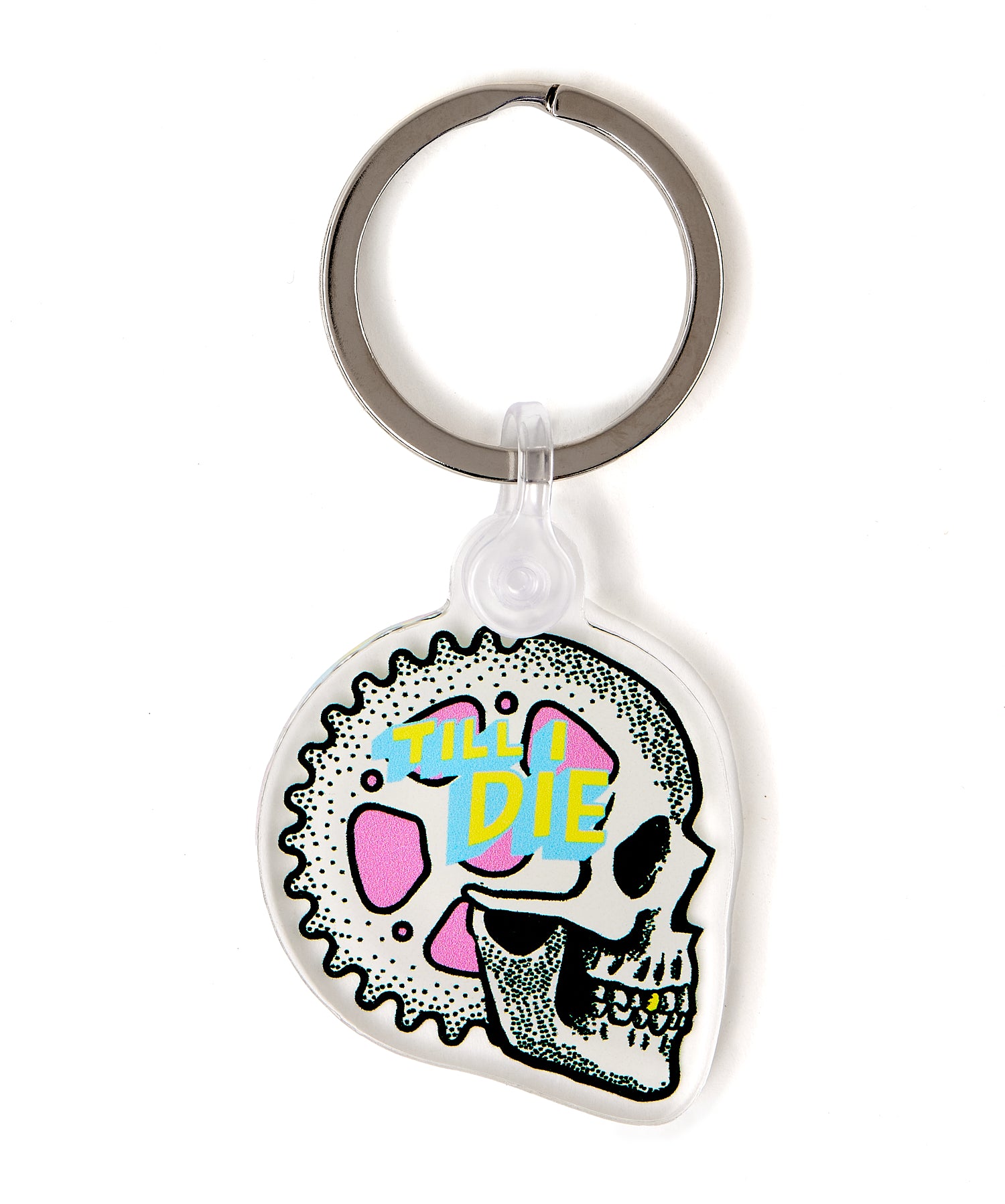Front view of the Gear Head clear acrylic keychain, featuring a multicolored circular graphic of a skeleton with gears accenting the skull, with “Till I Die” text at the top. The transparent acrylic enhances the vividness of the design.