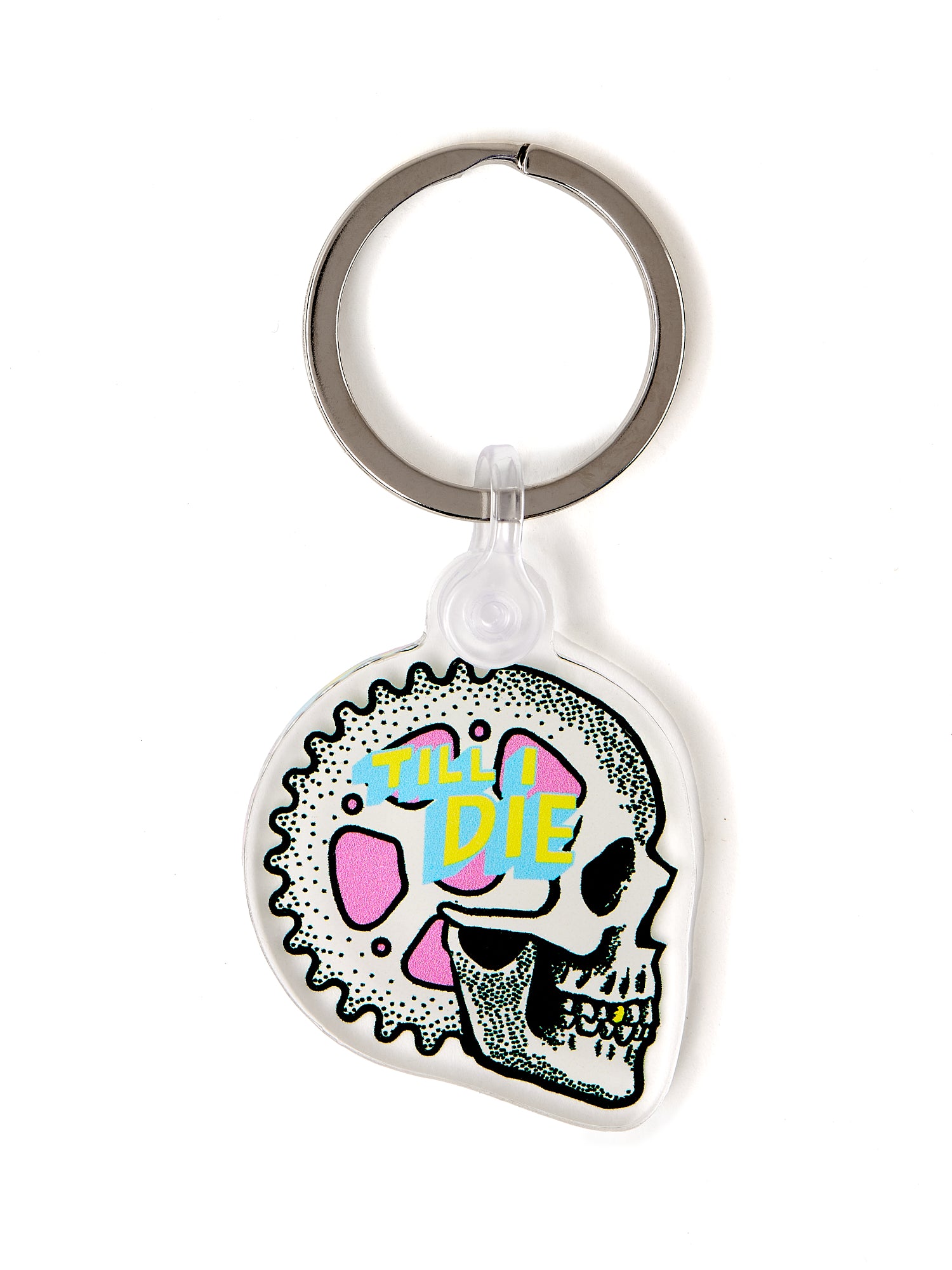 Front view of the Gear Head clear acrylic keychain, featuring a multicolored circular graphic of a skeleton with gears accenting the skull, with “Till I Die” text at the top. The transparent acrylic enhances the vividness of the design.