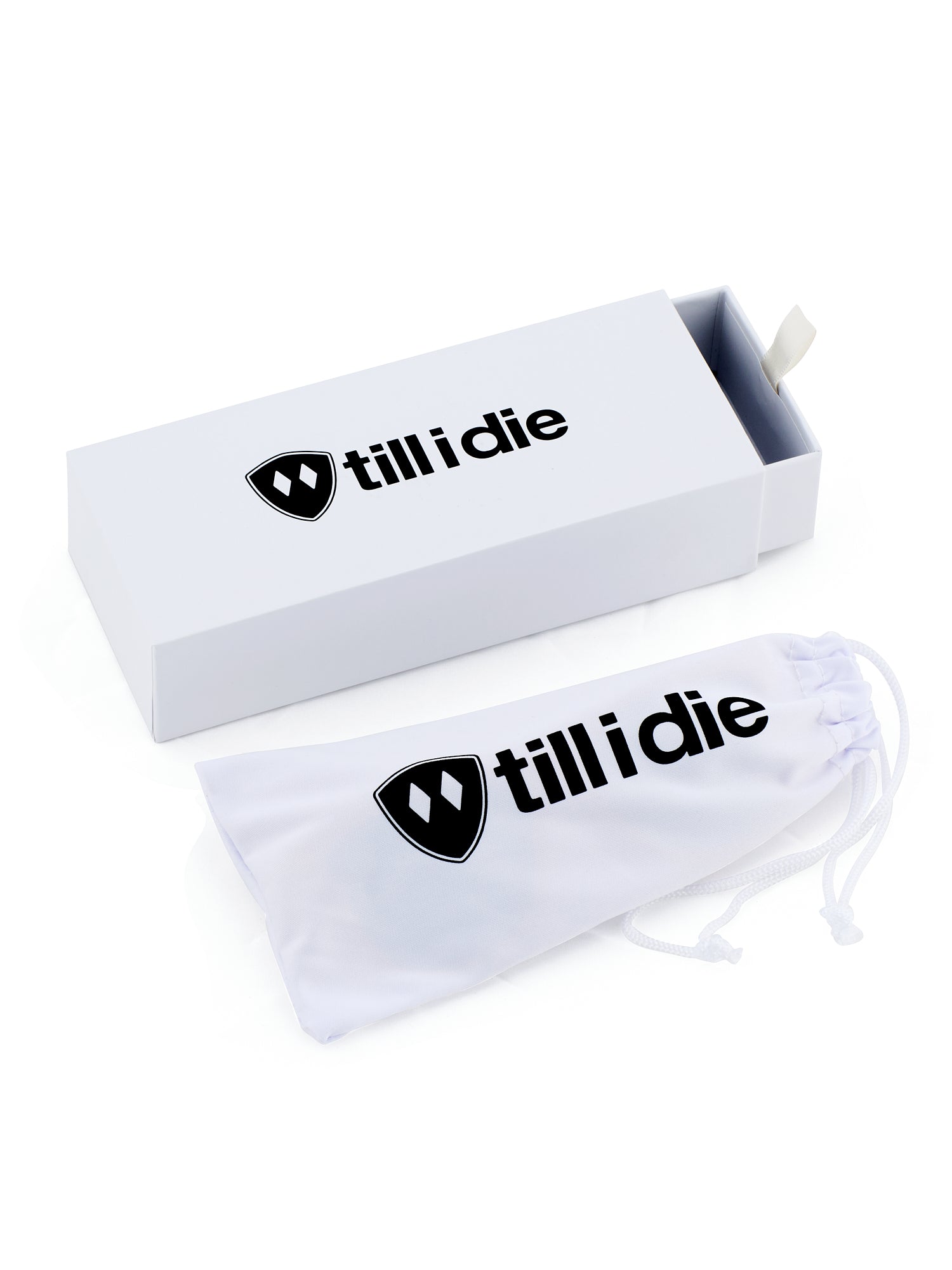top view of the white sunglasses case and dust sleeve, each accented with a black till i die logo