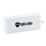 top view of the white storage box for the sunglasses, accented with a black till i die logo