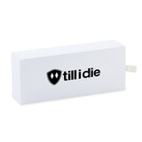 top view of the white storage box for the sunglasses, accented with a black till i die logo