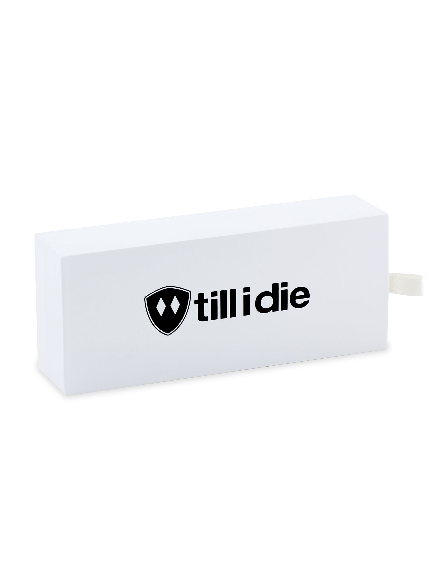 top view of the white storage box for the sunglasses, accented with a black till i die logo