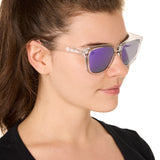 front view of a female model wearing the violet haze sunglasses on a white background