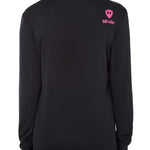 Back view of a female model wearing a black performance long sleeve shirt accented with a hot pink till i die logo on wearers top right shoulder.