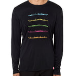 A male model wearing a long sleeve black shirt with bold colorful shot ski graphics.