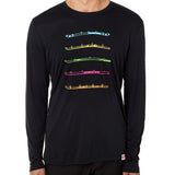 A male model wearing a long sleeve black shirt with bold colorful shot ski graphics.