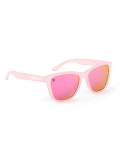 Front view of the Rosé Ripple sunglasses on a white background. The pink frosted  PVC frames are accented with a white Till I Die logo on the arm. The lenses are mirrored pink, with the right lens featuring an etched Double Diamond Shield in the top right corner.
