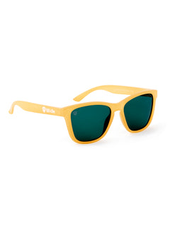 Front view of the Mango Mermaid sunglasses on a white background. The opaque orange PVC frames are accented with a white Till I Die logo on the arm. The lenses are a dark teal, with the right lens featuring an etched Double Diamond Shield in the top right corner.