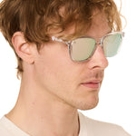 front view of a male model wearing the rosewater reflection sunglasses on a white background