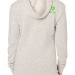 Back view of a female model wearing the Steezy Stan Hoodie in Heather Oatmeal on a white background. The back features a lime green till i die logo on wearers top right shoulder.