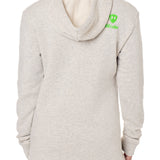 Back view of a female model wearing the Steezy Stan Hoodie in Heather Oatmeal on a white background. The back features a lime green till i die logo on wearers top right shoulder.