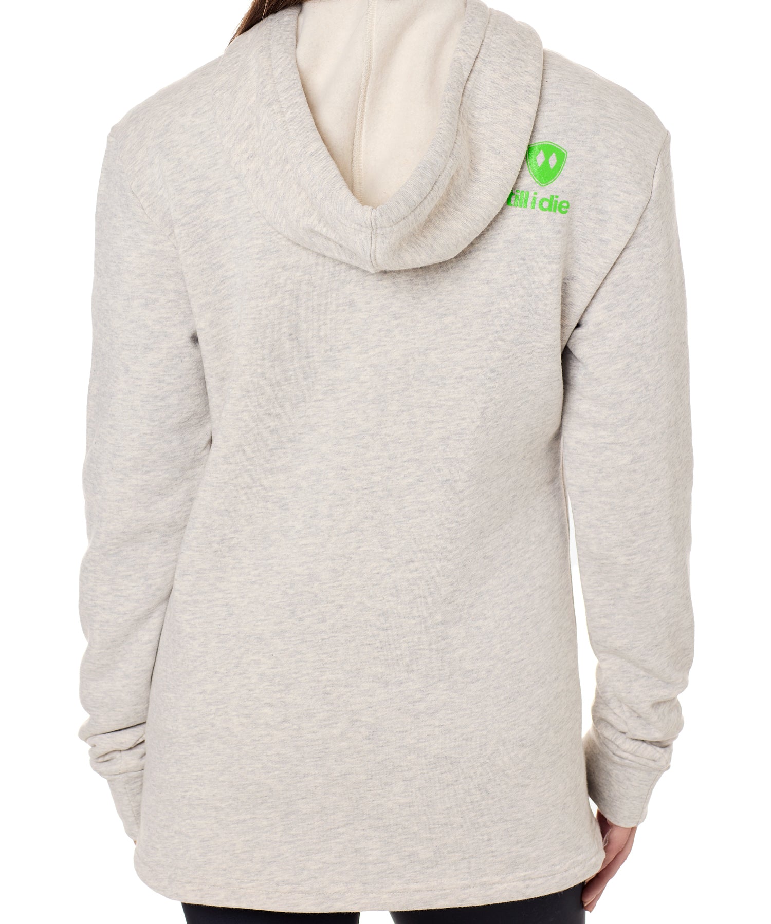 Back view of a female model wearing the Steezy Stan Hoodie in Heather Oatmeal on a white background. The back features a lime green till i die logo on wearers top right shoulder.