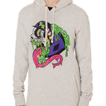 Front view of a female model wearing the Steezy Stan Hoodie in Heather Oatmeal on a white background. The graphic features a multicolored zombie skier with a long tongue, dripping slime, the Double Diamond Shield bursting from its skull, and oozing "Till I Die" text in a sludge-like style.