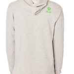 Back view of a male model wearing the Steezy Stan Hoodie in Heather Oatmeal on a white background. The back features a lime green till i die logo on wearers top right shoulder.