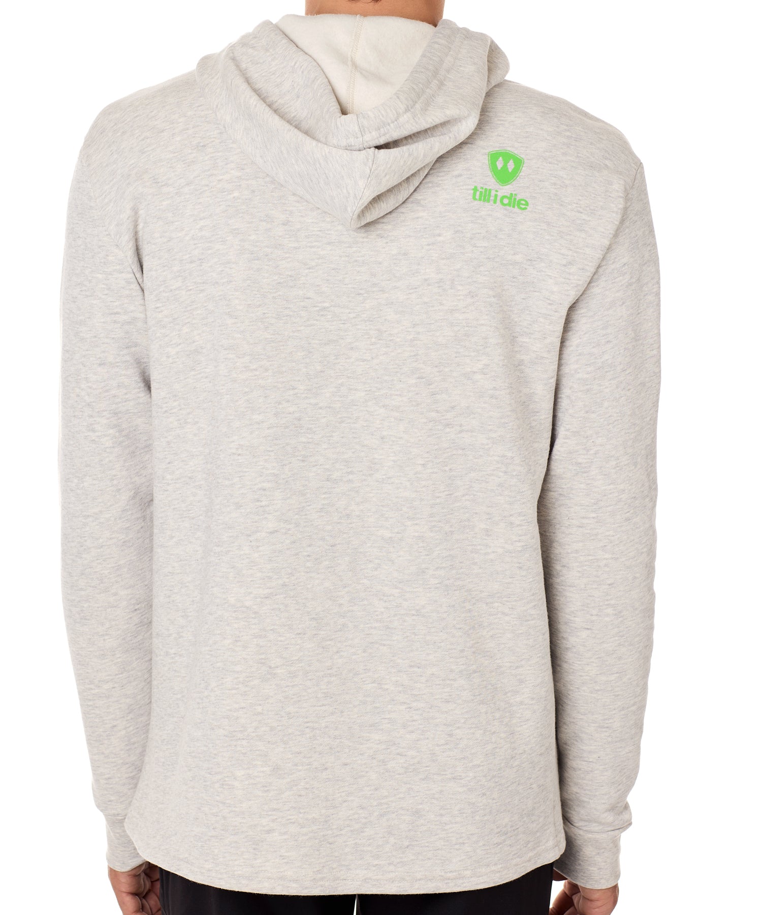 Back view of a male model wearing the Steezy Stan Hoodie in Heather Oatmeal on a white background. The back features a lime green till i die logo on wearers top right shoulder.