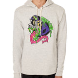 A person wearing a beige hoodie with a graphic design of a zombie-like skier on the front.