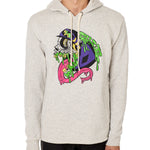 Front view of a male model wearing the Steezy Stan Hoodie in Heather Oatmeal on a white background. The graphic features a multicolored zombie skier with a long tongue, dripping slime, the Double Diamond Shield bursting from its skull, and oozing "Till I Die" text in a sludge-like style.