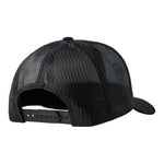 Back of a black trucker hat showing the black mesh and snapback closure