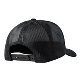 Back of a black trucker hat showing the black mesh and snapback closure