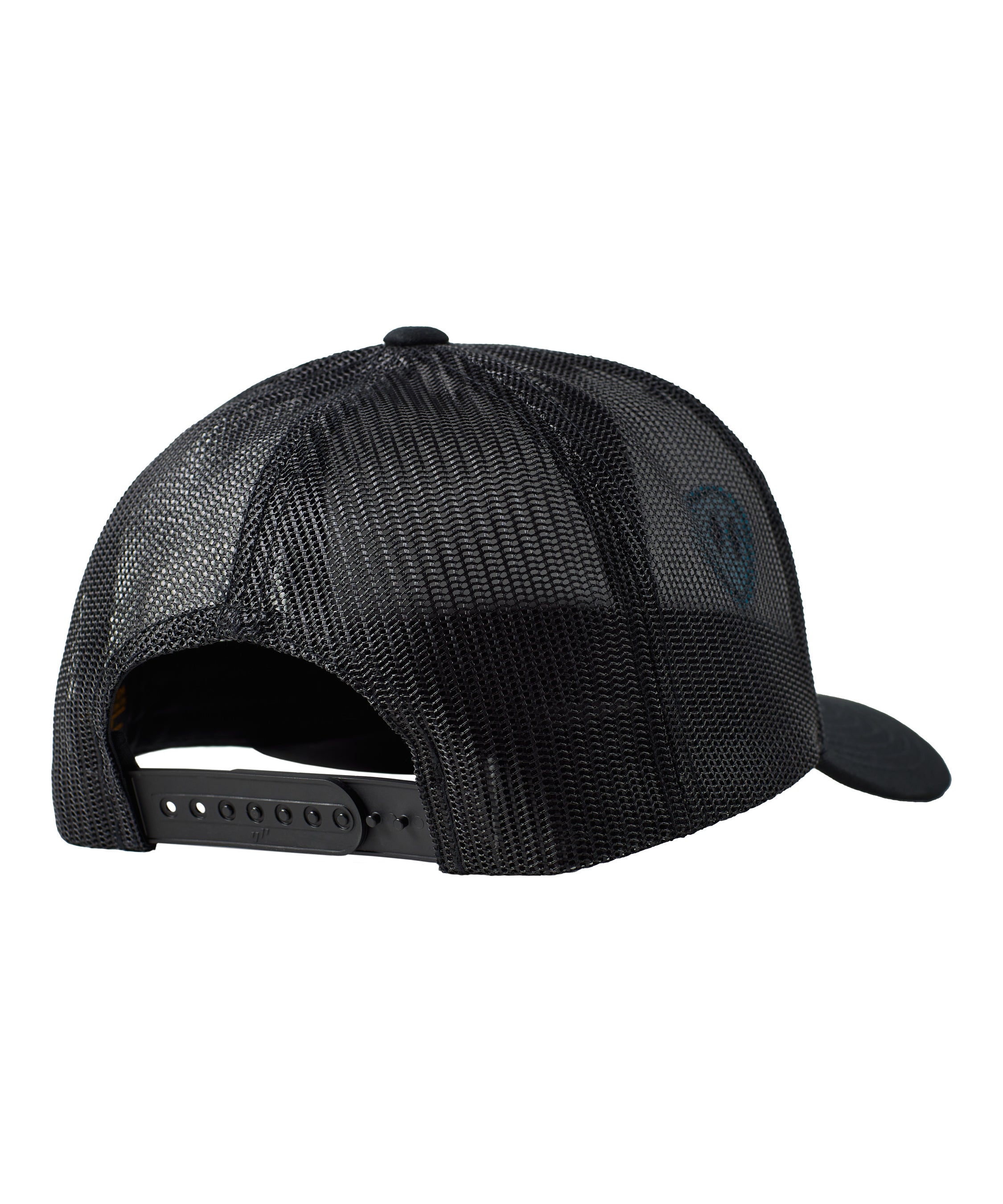 Back of a black trucker hat showing the black mesh and snapback closure