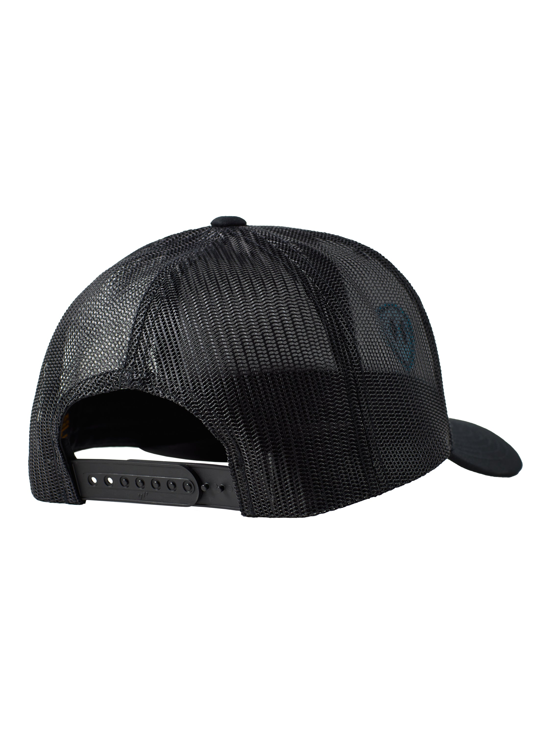 Back of a black trucker hat showing the black mesh and snapback closure