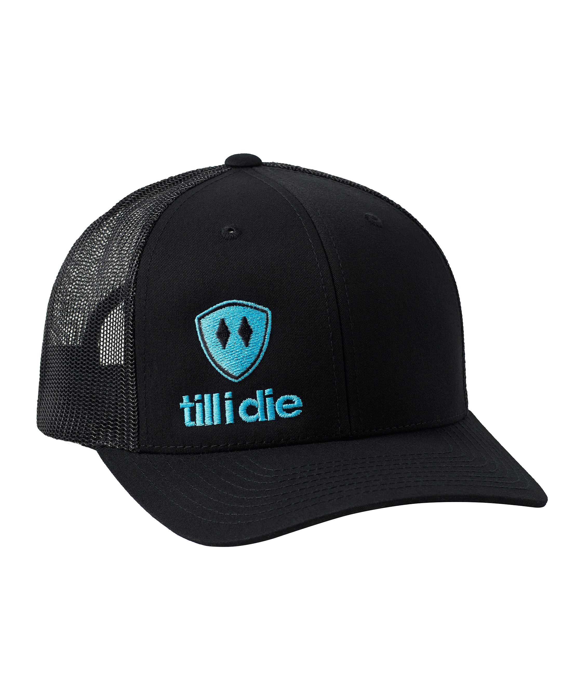 Front of a black trucker hat with a cyan blue till i die logo embroidered on the bottom right panel