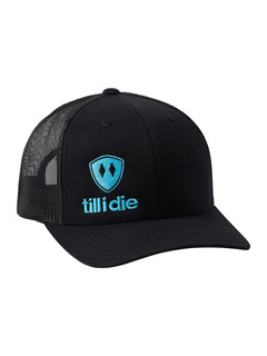 Front of a black trucker hat with a cyan blue till i die logo embroidered on the bottom right panel