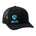 Front of a black trucker hat with a cyan blue till i die logo embroidered on the bottom right panel