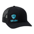 Front of a black trucker hat with a cyan blue till i die logo embroidered on the bottom right panel