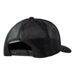 Back of a black trucker hat showing coordinating mesh and snapback closure