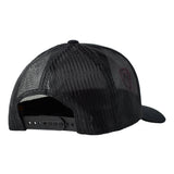 Back of a black trucker hat showing coordinating mesh and snapback closure