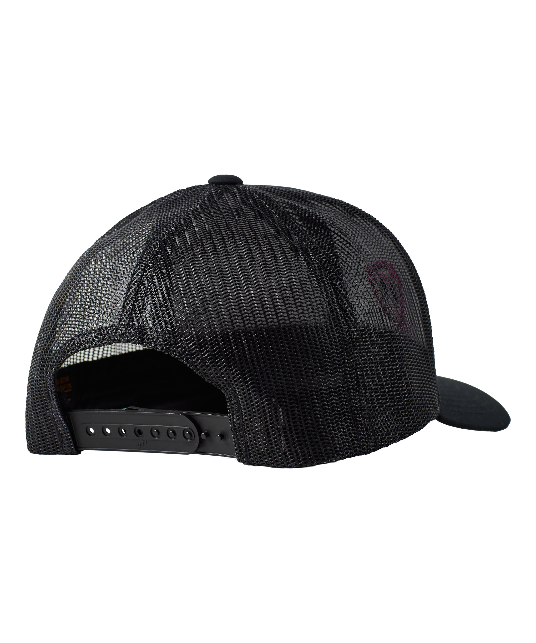 Back of a black trucker hat showing coordinating mesh and snapback closure