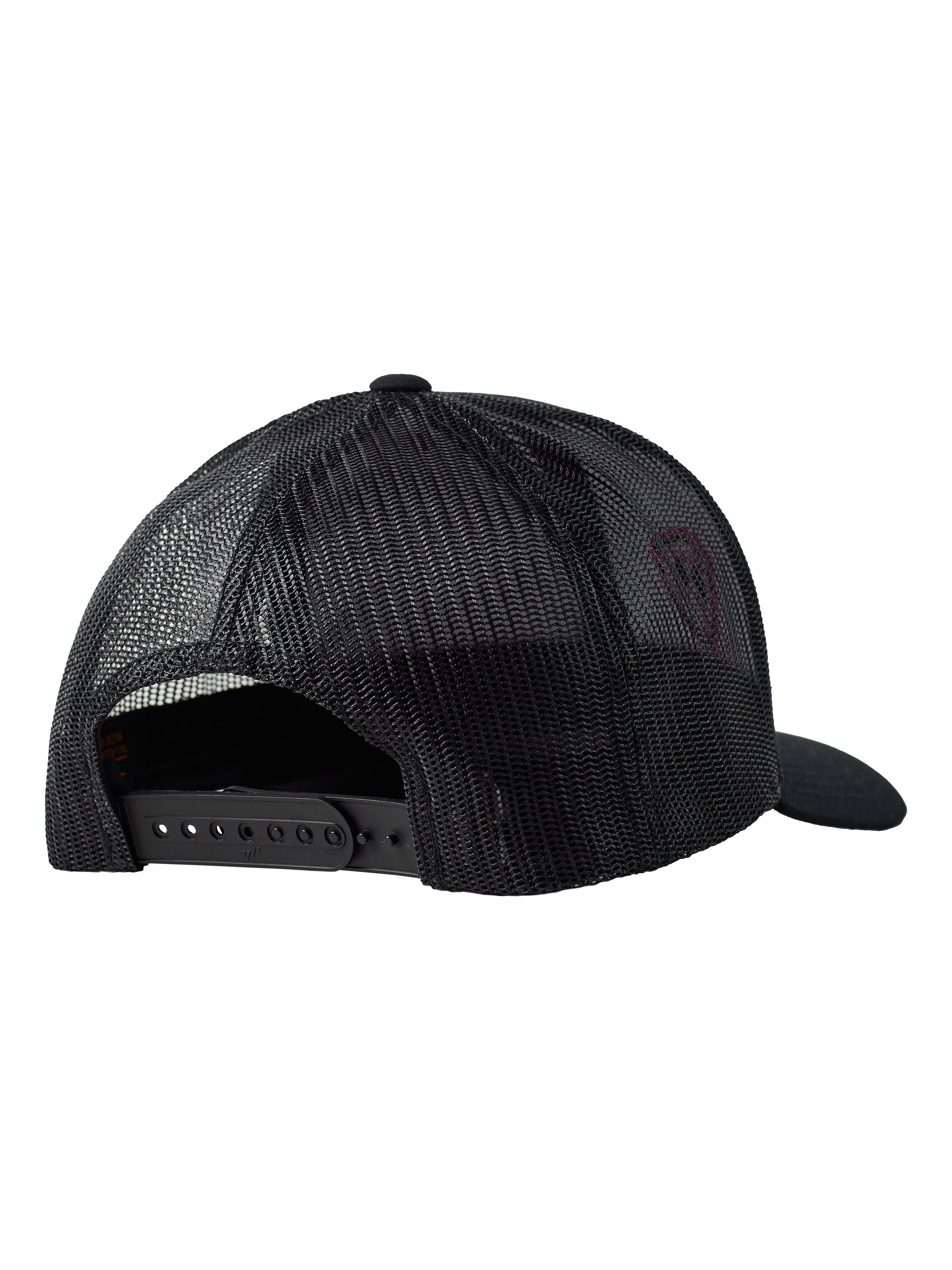 Back of a black trucker hat showing coordinating mesh and snapback closure