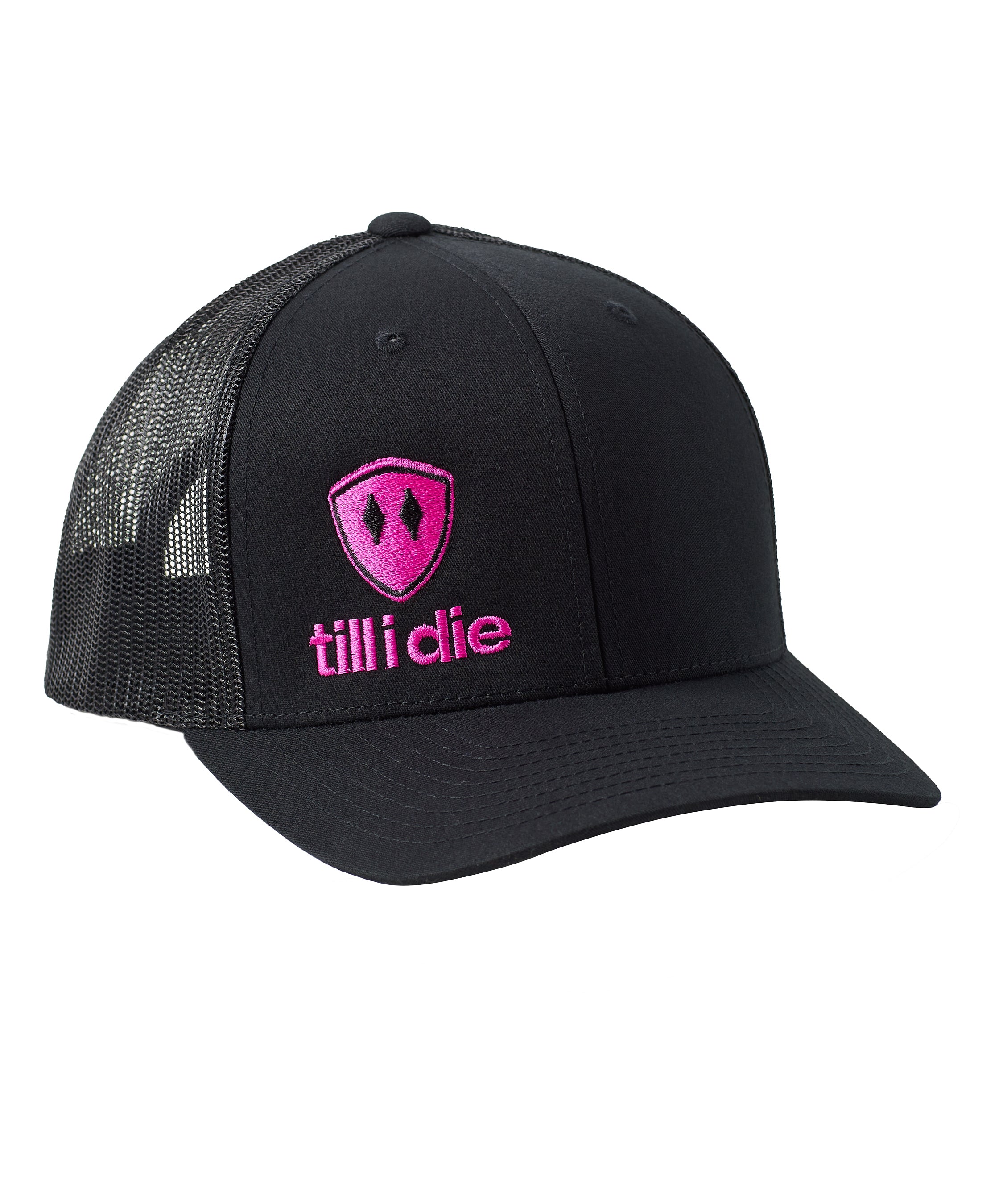 Front of a black trucker hat with a hot pink till i die logo embroidered on the bottom right panel