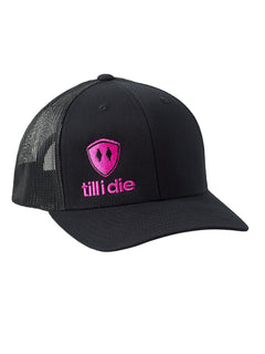 Front of a black trucker hat with a hot pink till i die logo embroidered on the bottom right panel