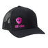 Front of a black trucker hat with a hot pink till i die logo embroidered on the bottom right panel