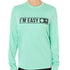 A female model wearing a MINT green long sleeve performance shirt with the text 'I'm Easy' IN A TRAIL SIGN DESIGN printed on the front.