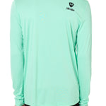 Back view of a male model wearing a mint green performance long sleeve shirt on a white background, featuring a black Till I Die logo on the wearer’s top right shoulder.