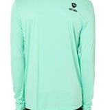 Back view of a male model wearing a mint green performance long sleeve shirt on a white background, featuring a black Till I Die logo on the wearer’s top right shoulder.