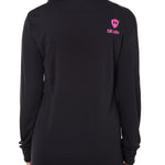 Back view of a female model wearing a black performance long sleeve shirt accented with a hot pink till i die logo on wearers top right shoulder.