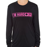 Front view of a female model wearing the "I'm Hard" Black performance long sleeve Shirt. The graphic features trail sign-inspired "I'm Hard" text with a single diamond symbol indicating advanced terrain.