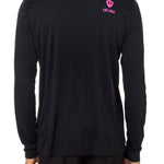 Back view of a male model wearing a black performance long sleeve shirt accented with a hot pink till i die logo on wearers top right shoulder.