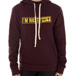 Front view of a female model wearing the "I'm Nasty" Oxblood Hoodie. The graphic features trail sign-inspired "I'm Nasty" text with a double diamond symbol indicating expert terrain.