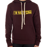Front view of a female model wearing the "I'm Nasty" Oxblood Hoodie. The graphic features trail sign-inspired "I'm Nasty" text with a double diamond symbol indicating expert terrain.